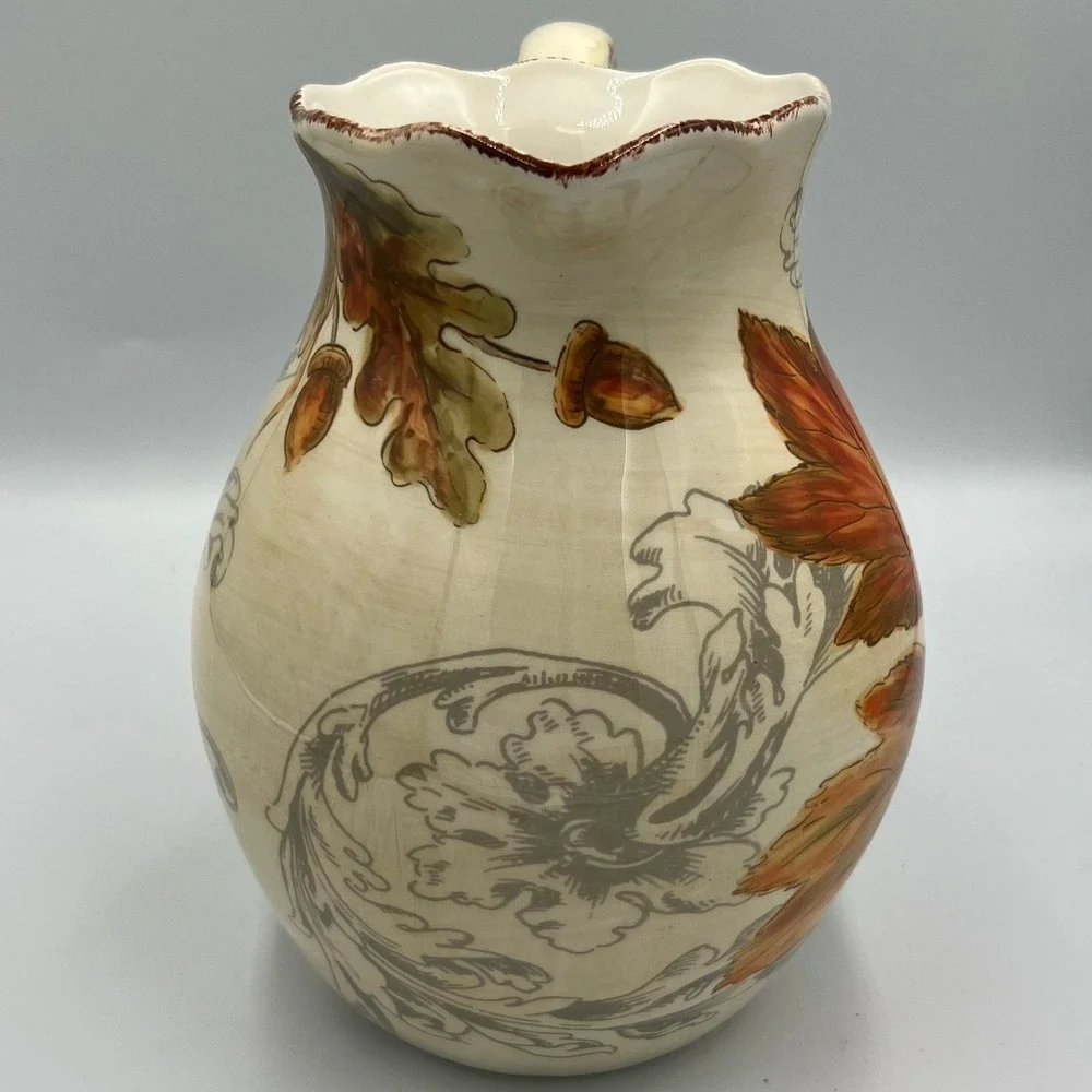 Marshalls Ceramic Harvest Pitcher Fall Leaves Acorns Cream Orange NWOT